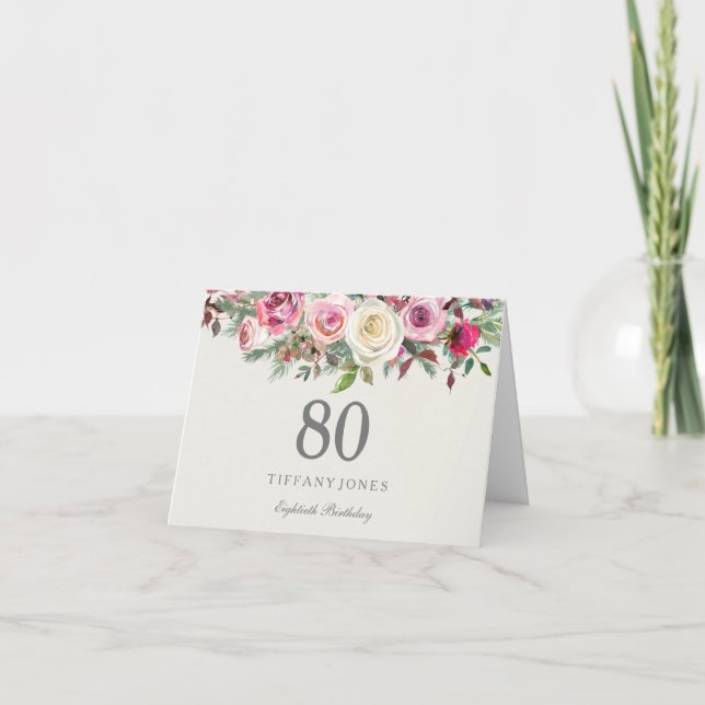 Elegant Cream Rose Floral 80th Birthday Thank you (Front)