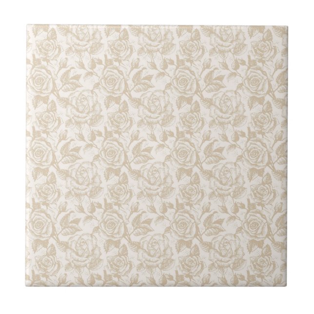 Elegant Cream Rose Floral Ceramic Tile (Front)