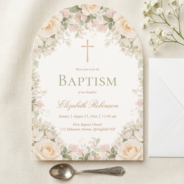 Elegant Cream Rose Floral Cross Baptism Invitation (Creator Uploaded)