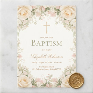 Elegant Cream Rose Floral Cross Baptism Invitation