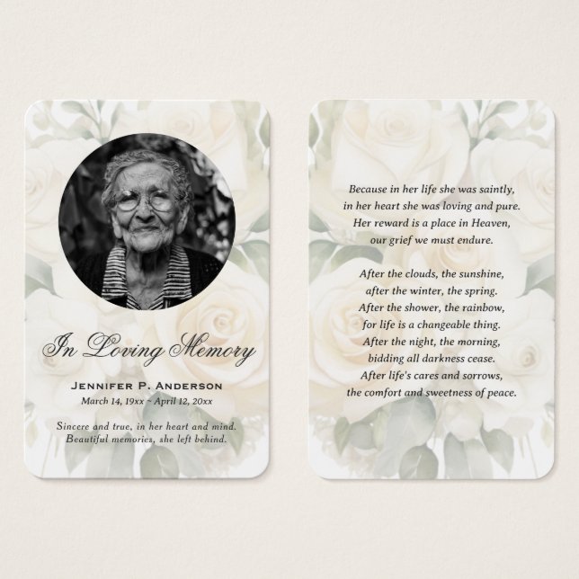 Elegant Cream Roses Photo Memorial Prayer Cards (Front & Back)
