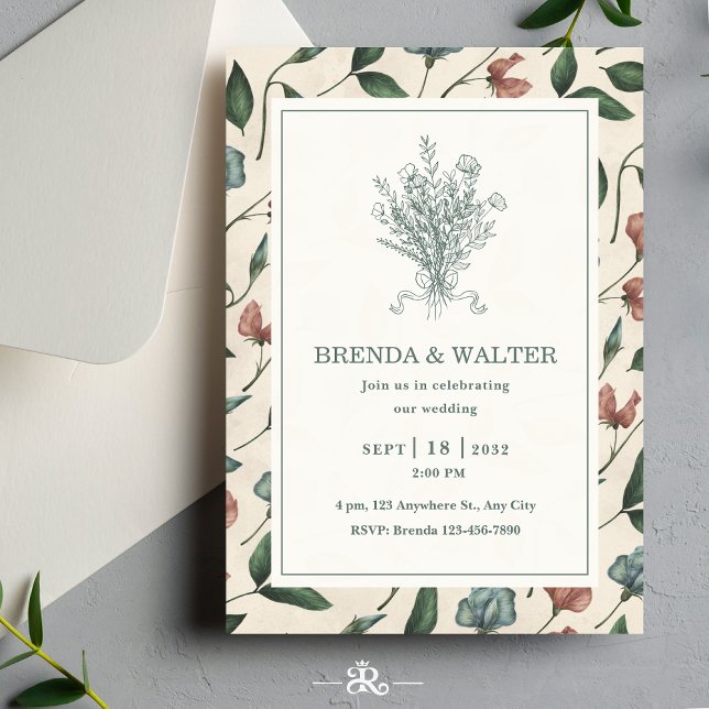 Elegant Cream Rustic Wildflower Sketch Wedding  Invitation (Creator Uploaded)