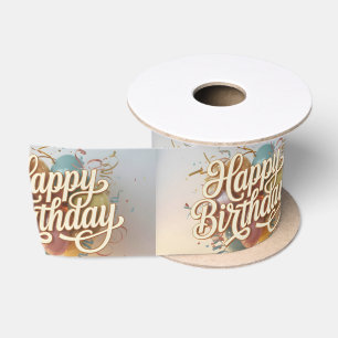 Elegant Cream Script "Happy Birthday" Graphic Satin Ribbon