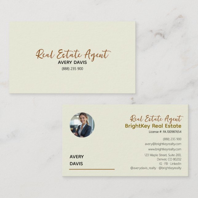Elegant Cream & Script Real Estate Agent  Business Card (Front/Back)