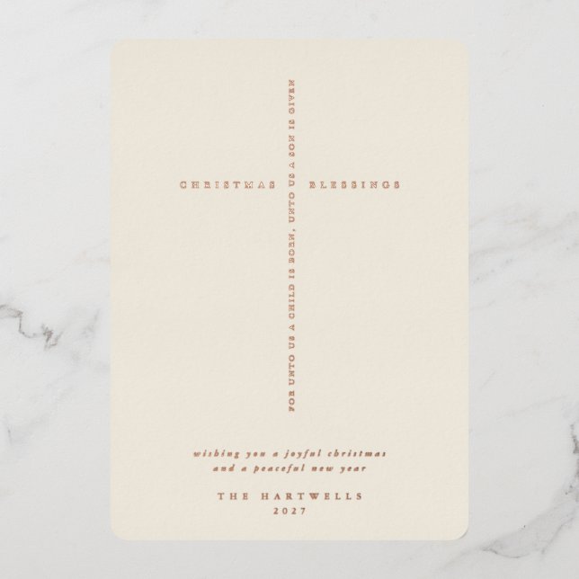 Elegant Cream Scripture Cross Foil Holiday Card (Front)
