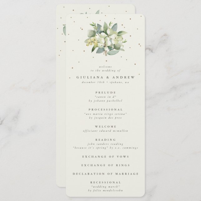 Elegant Cream Snowberry+Eucalyptus Bouquet Wedding Program (Front/Back)