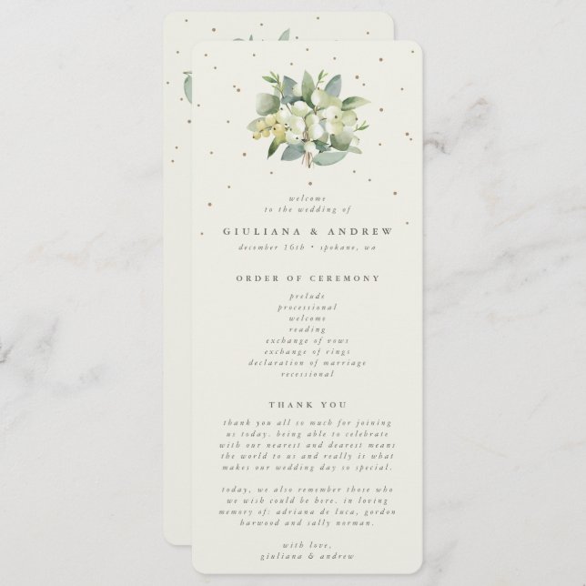Elegant Cream Snowberry+Eucalyptus Bouquet Wedding Program (Front/Back)