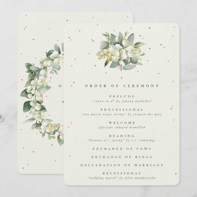 Elegant Cream Snowberry+Eucalyptus Bouquet Wedding Program (Front/Back)