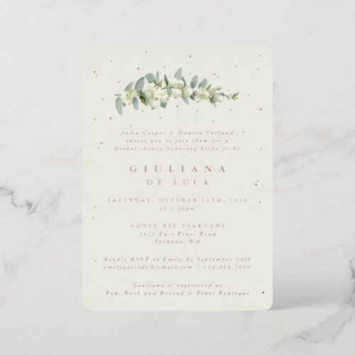 Elegant Cream SnowberryEucalyptus Bridal Shower Foil Invitation