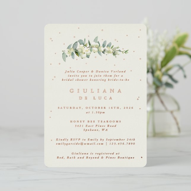 Elegant Cream Snowberry+Eucalyptus Bridal Shower Foil Invitation (Standing Front)