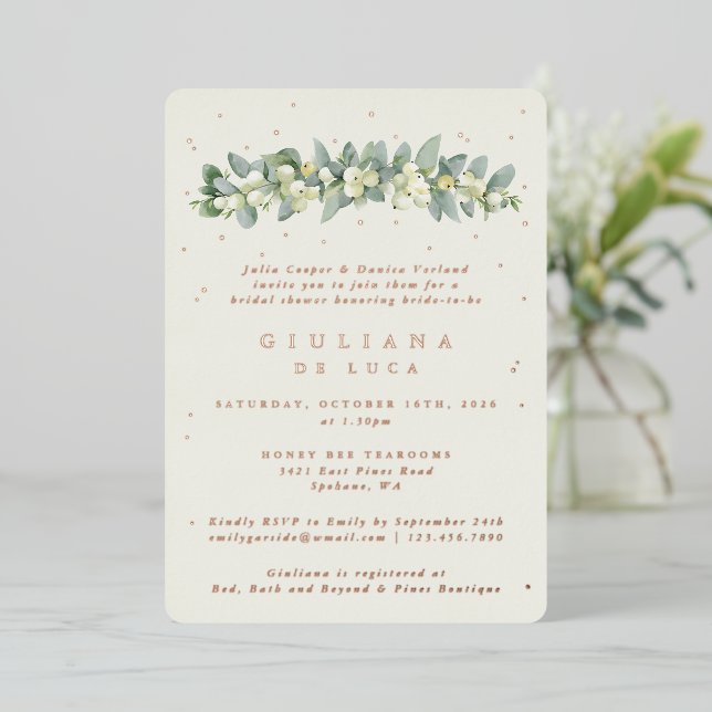 Elegant Cream Snowberry+Eucalyptus Bridal Shower Foil Invitation (Standing Front)