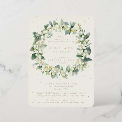 Elegant Cream SnowberryEucalyptus Bridal Shower Foil Invitation