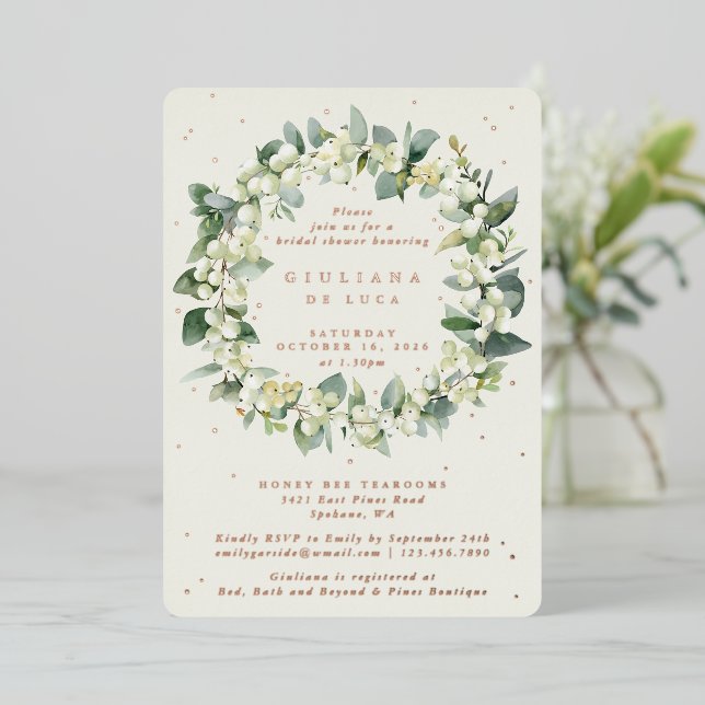 Elegant Cream Snowberry+Eucalyptus Bridal Shower Foil Invitation (Standing Front)