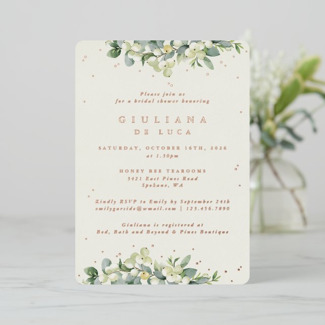 Elegant Cream Snowberry+Eucalyptus Bridal Shower Foil Invitation (Standing Front)