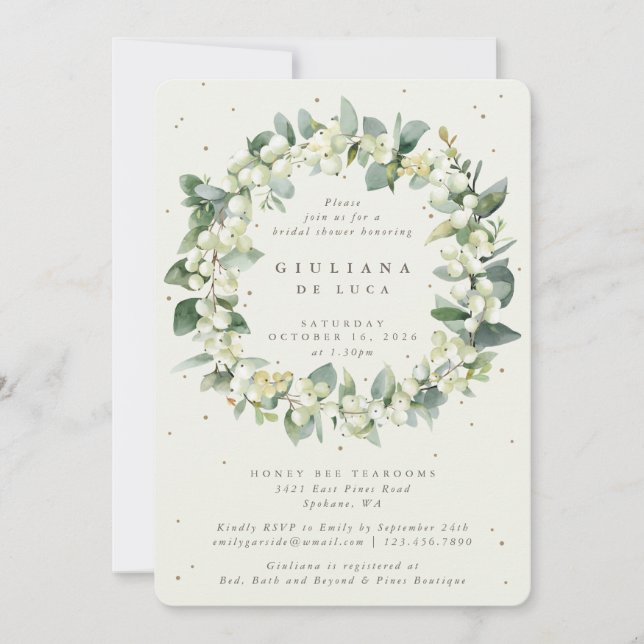 Elegant Cream Snowberry+Eucalyptus Bridal Shower Invitation (Front)
