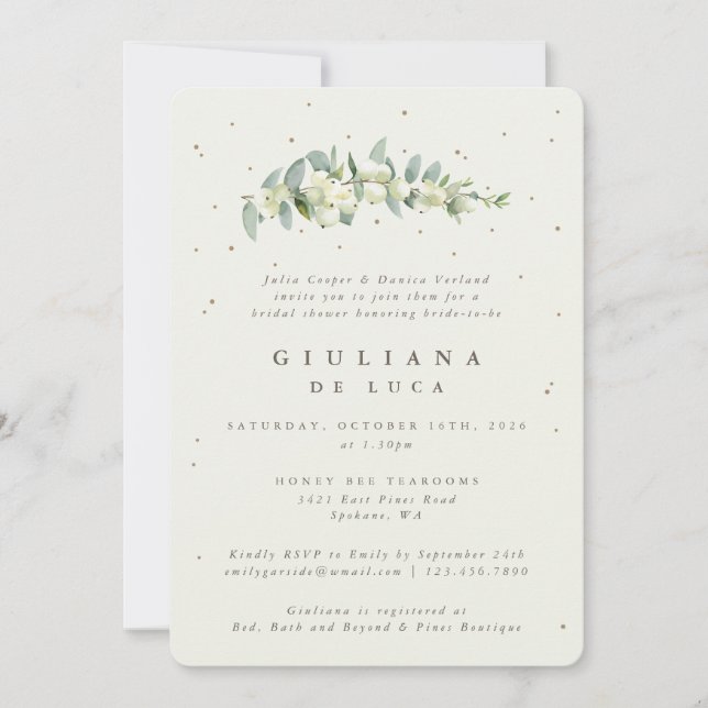 Elegant Cream Snowberry+Eucalyptus Bridal Shower Invitation (Front)