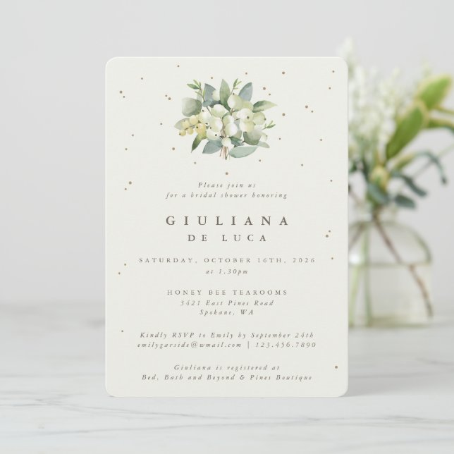 Elegant Cream Snowberry+Eucalyptus Bridal Shower Invitation (Standing Front)
