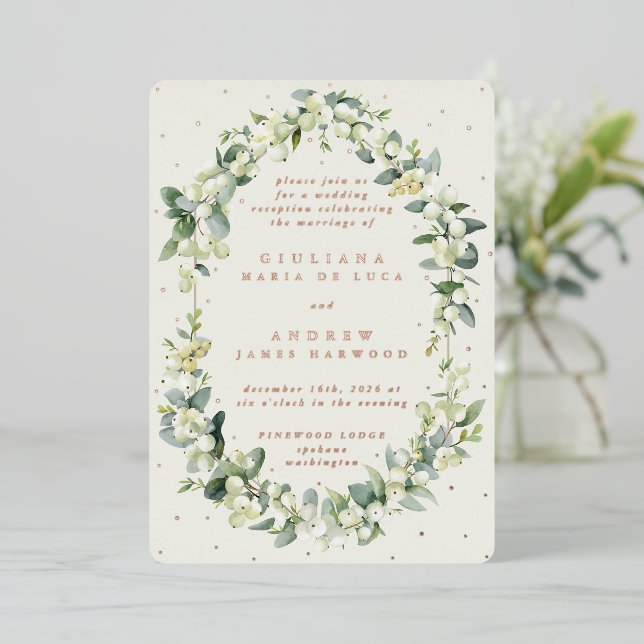 Elegant Cream Snowberry+Eucalyptus Reception Only  Foil Invitation (Standing Front)