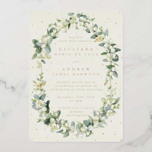 Elegant Cream SnowberryEucalyptus Reception Only Foil Invitation