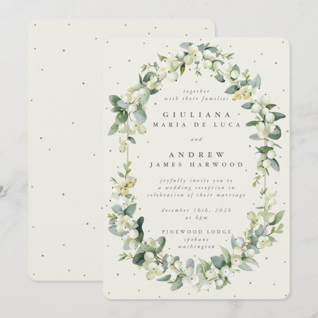 Elegant Cream Snowberry+Eucalyptus Reception Only Invitation (Front/Back)
