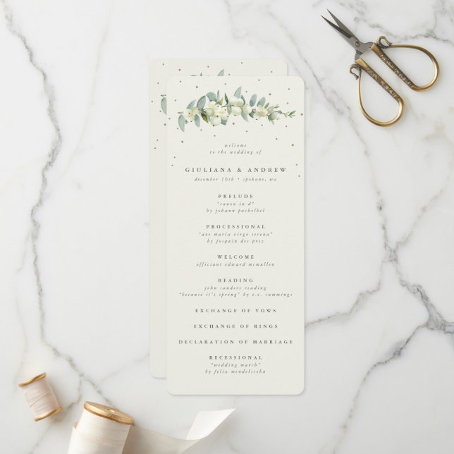 Elegant Cream Snowberry+Eucalyptus Stem Wedding Program (Front/Back In Situ)