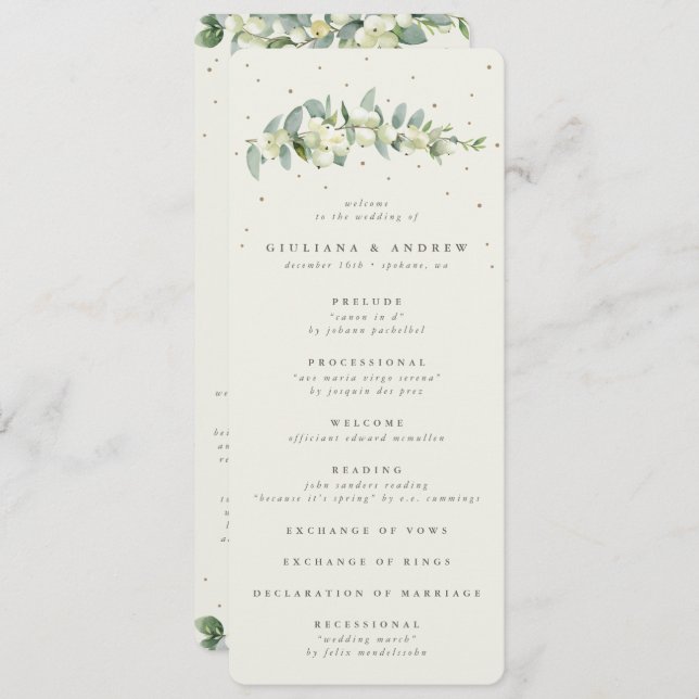 Elegant Cream Snowberry+Eucalyptus Stem Wedding Program (Front/Back)