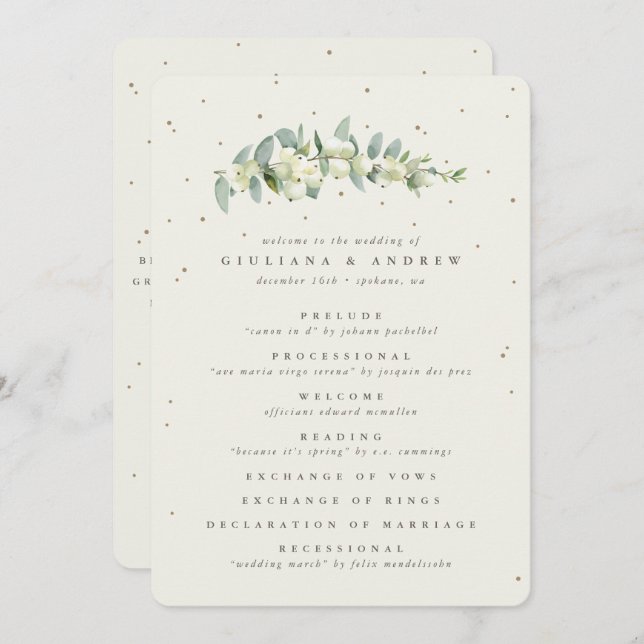 Elegant Cream Snowberry+Eucalyptus Stem Wedding Program (Front/Back)