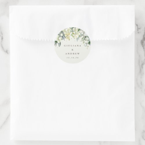 Elegant Cream SnowberryEucalyptus Wedding Classic Round Sticker