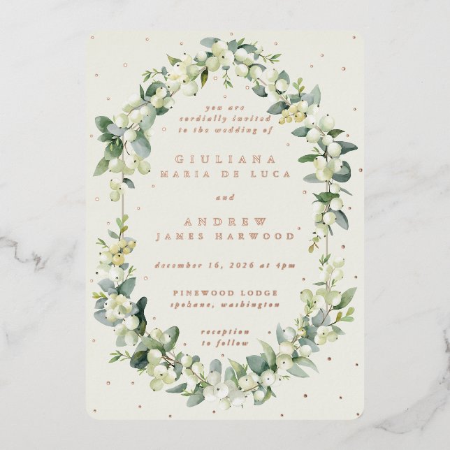 Elegant Cream Snowberry+Eucalyptus Wedding Foil Invitation (Front)