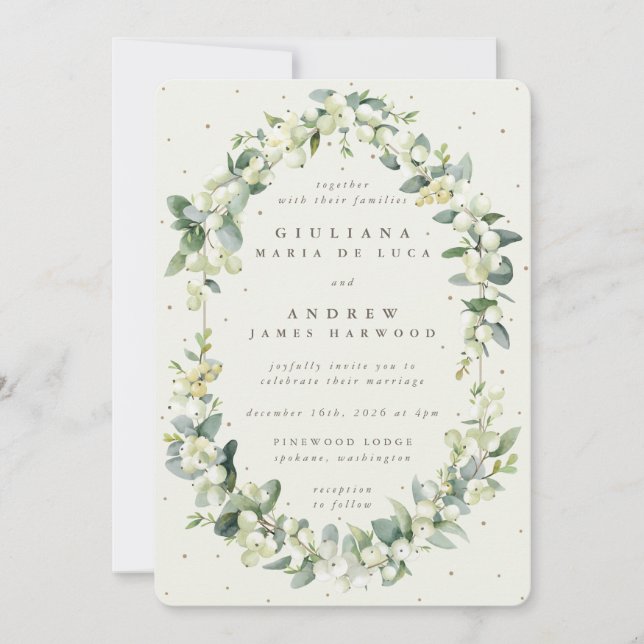 Elegant Cream Snowberry+Eucalyptus Wedding Invitation (Front)