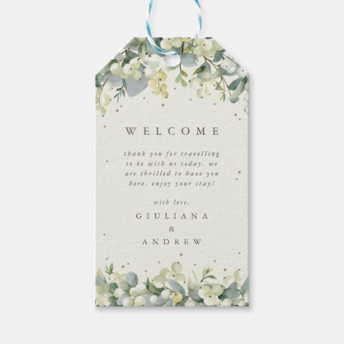 Elegant Cream SnowberryEucalyptus Wedding Welcome Gift Tags