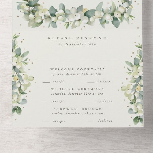 Elegant Cream SnowberryEucalyptus Winter Wedding All In One Invitation