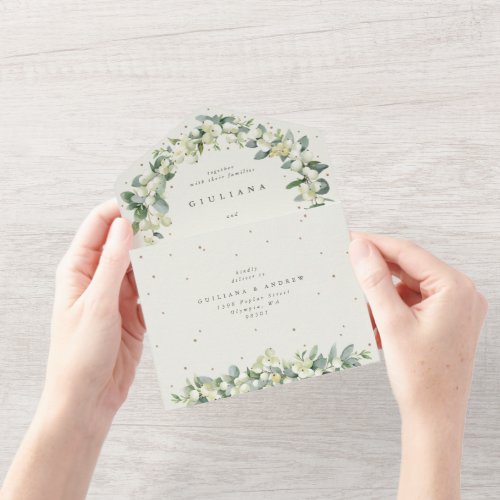 Elegant Cream SnowberryEucalyptus Winter Wedding All In One Invitation