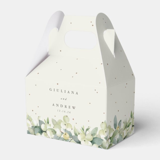 Elegant Cream Snowberry+Eucalyptus Winter Wedding Favor Boxes (Front Side)