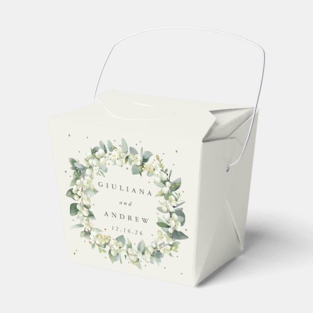 Elegant Cream Snowberry+Eucalyptus Winter Wedding Favor Boxes (Front Side)