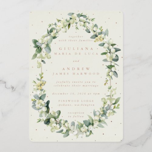 Elegant Cream SnowberryEucalyptus Winter Wedding Foil Invitation