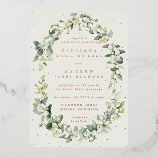 Elegant Cream Snowberry+Eucalyptus Winter Wedding Foil Invitation (Front)