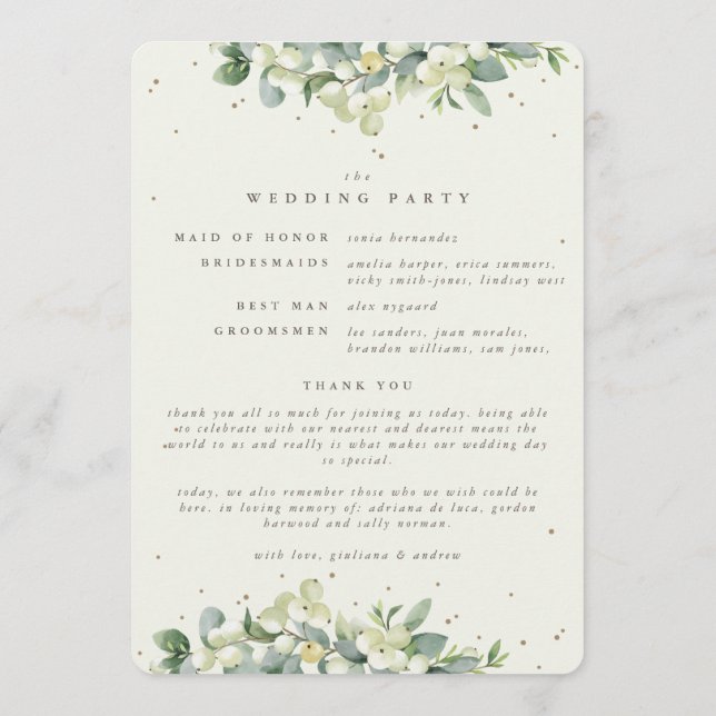 Elegant Cream Snowberry+Eucalyptus Winter Wedding Program (Back)