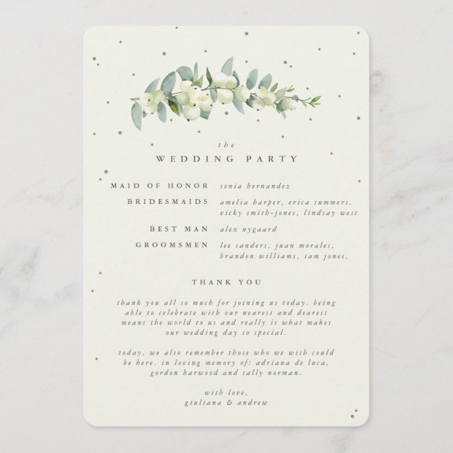 Elegant Cream Snowberry+Eucalyptus Winter Wedding Program (Back)