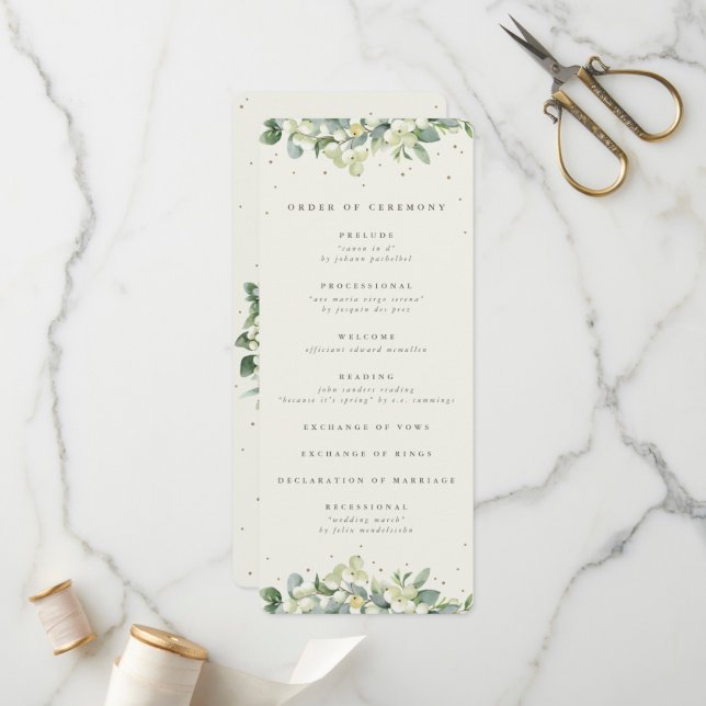 Elegant Cream Snowberry+Eucalyptus Winter Wedding Program (Front/Back In Situ)