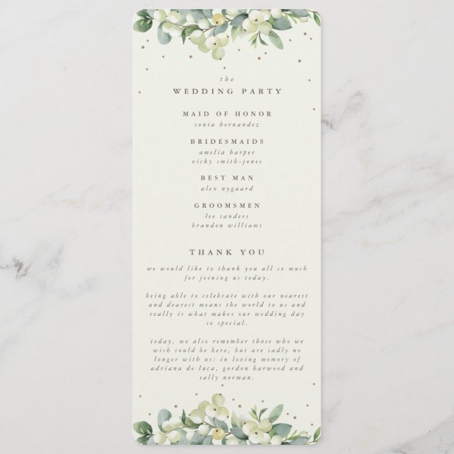 Elegant Cream Snowberry+Eucalyptus Winter Wedding Program (Back)