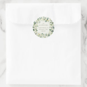 Elegant Cream Snowberry+Eucalyptus Wreath Address Classic Round Sticker
