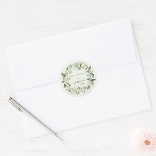 Elegant Cream SnowberryEucalyptus Wreath Wedding Classic Round Sticker