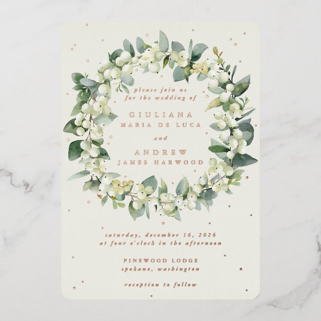 Elegant Cream Snowberry+Eucalyptus Wreath Wedding Foil Invitation (Front)