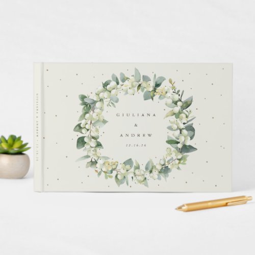 Elegant Cream SnowberryEucalyptus Wreath Wedding Guest Book