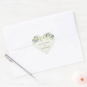 Elegant Cream Snowberry+Eucalyptus Wreath Wedding Heart Sticker