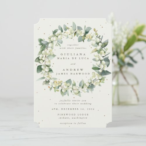 Elegant Cream SnowberryEucalyptus Wreath Wedding Invitation