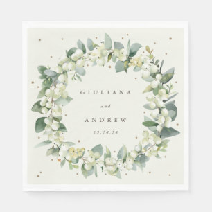 Elegant Cream Snowberry+Eucalyptus Wreath Wedding Napkins