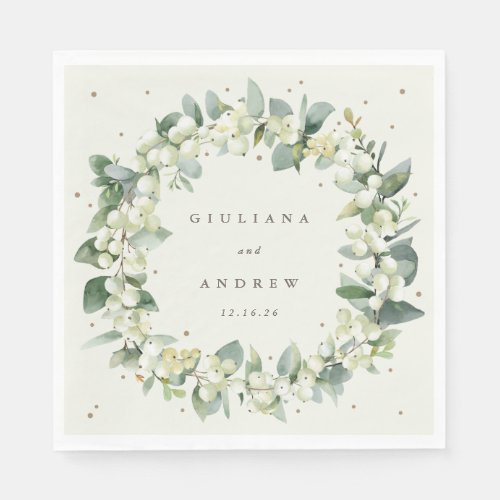 Elegant Cream SnowberryEucalyptus Wreath Wedding Napkins