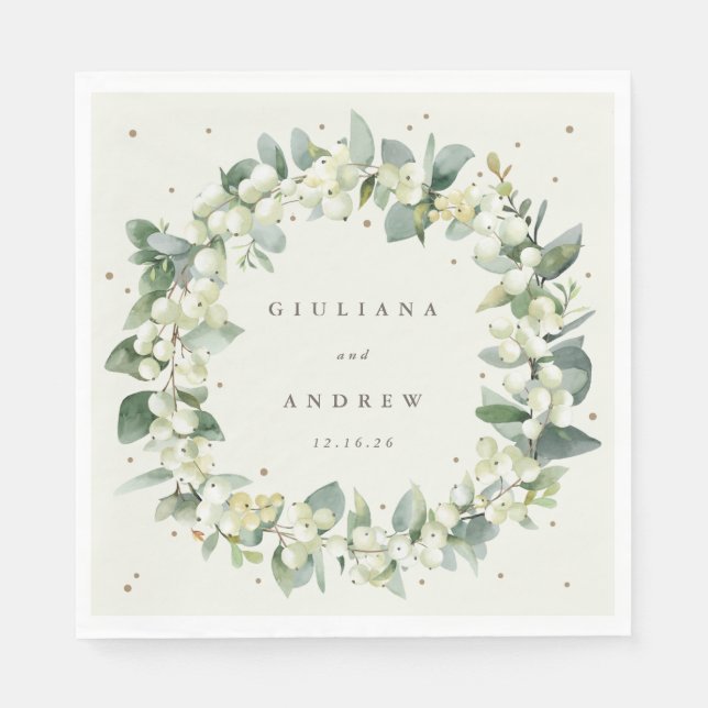 Elegant Cream Snowberry+Eucalyptus Wreath Wedding Napkins (Front)